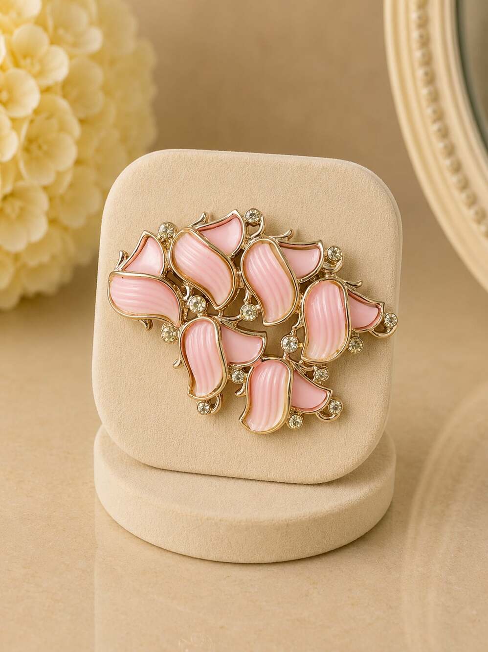 Vintage Marvella Pink Molded Thermoset Cluster Brooch with Rhinestone Accents